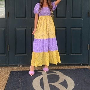 Asos purple/yellow shirred maxi dress